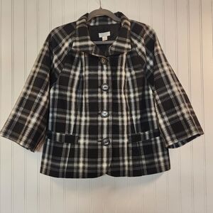 Christopher & Banks Women's Black Plaid 3/4 Sleeve Blazer Size L Casual Retro